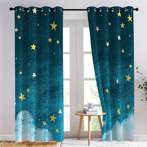 EXSANLIEAY Verdunklungsvorhänge Stern, Vorhang Blickdicht Nachthimmel Vorhänge mit öSen 2er Set für Schlafzimmer Kinderzimmer, Deko Gardinen Wohnzimmer-260 x 140 cm (H X B)