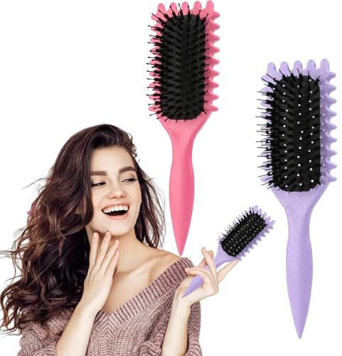 2PCS Curl Defining Brush for Curly Hair - Boar Bristle Styling Brush for Women & Men, Less Pulling (Pink, Purple)