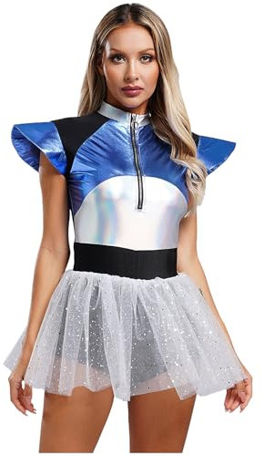 Jugaoge Damen Weltall Astronaut Kostüm Glänzend Body mit Tutu Tüllkleid Raumfahrerin Cosplay Outfits Eiskunstlauf Kleider Wettbewerb Show Silber S