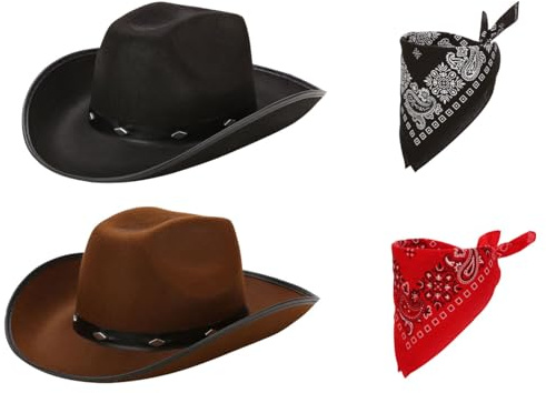 2PCS Western Cowboy Hats (1 x Black + 1 x Brown) & 2PCS Bandanas (1 x Black + 1 x Red), Hen Stag Fancy Dress, Adult Party Accessories, 56cm