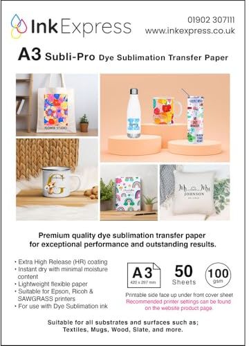 Ink Express Subli-Pro A3 100gsm Dye Sublimation Transfer Paper Compatible with EPSON, SAWGRASS, RICOH, Brother Sublimation Printers (50 Sheets)