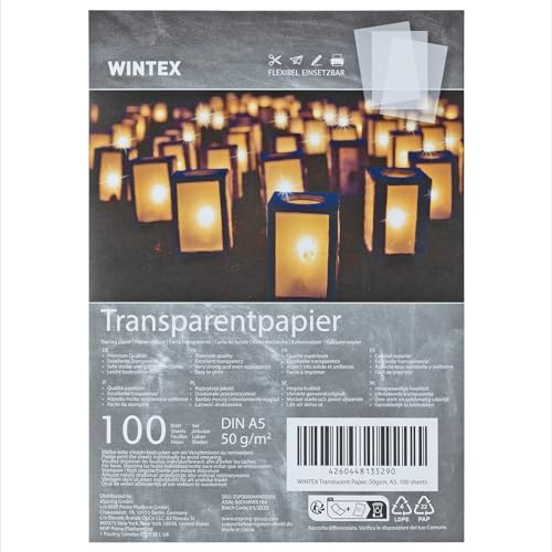WINTEX Papier Transparent Imprimable - Lot 100x Feuille Calque A5 pour Patron Couture Dessin Architecture - Papier Calque Imprimable Impression Jet d'Encre - Feuilles Transparente Imprimante