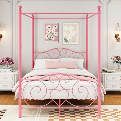 HAHRIR Telaio per letto a baldacchino, Piattaforma 140 x 200 cm, in metallo, doghe e supporti in acciaio, con testiera e pediera non necessari, 140 x 200 cm, rosa