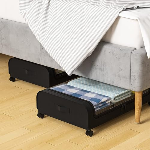 Contenitori sottoletto con Ruote, 2 Confezioni, contenitori sottoletto con coperchi - Cassetti con rotelle per Scarpe e Vestiti nella Camera da Letto del dormitorio,Nero