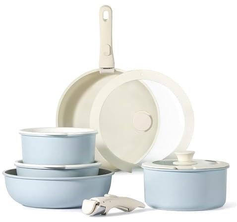 11 Piezas Juego de Utensilios de Cocina Antiadherentes con Mango Desmontable: Ollas y Sartenes Apilables para Inducción, Gas, Horno y Lavavajillas, Libre de PFAS (Rosa)