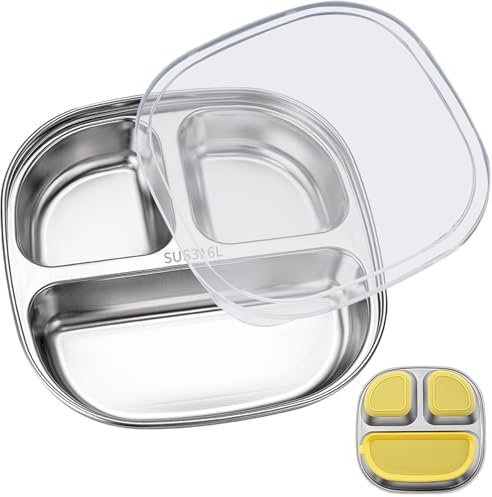 Teller mit Saugnapf,Edelstahl Saugnapf Teller,Edelstahl-Material Kinderteller,Kinder Speiseteller mit Saugplatte, Speiseteller mit Saugnäpfen,Auto Saugplatte Geschirr,Geteilte Standfeste Babyteller