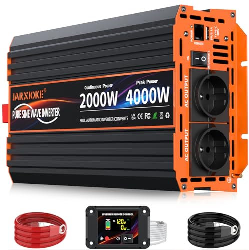 2000W Wechselrichter 12V auf 230V Reiner Sinus Spannungswandler Inverter Konverter mit 2 EU Steckdose, 30W USB-C, 5V 3.1A USB,LCD-Fernbedienung,für Wohnwagen, LKW,Solarenergie,Spitzenleistung 4000W