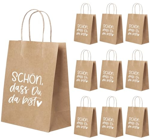 10 Stück Papiertüten mit Henkel,Kraftpapier 21x15x8cm,Schön dass Du da bist Geschenktüten,Geschenktüten,Geschenkverpackung,Mitgebsel Tüten Hochzeit,Geschenktasche für Hochzeit Mitgebsel