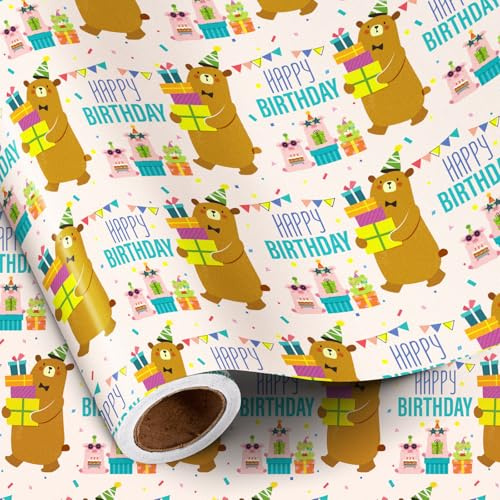 RUSPEPA Rotolo Di Carta Da Regalo Per Compleanno, Per Bambini E Ragazze, Adorabile Orsetto Con Regalo E Cappellino Da Festa, Carta Da Regalo Per Compleanno E Feste, 43,2 Cm X 5 M