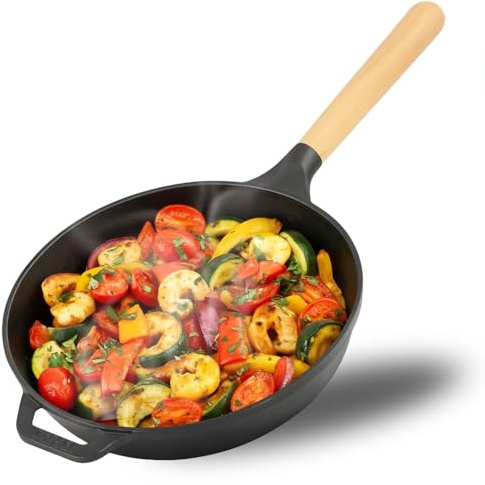 4BIG.fun Gusseisen Pfanne Ø24 cm – Schmor- & Bratpfanne, Steakpfanne, Servierpfanne, Eisenpfanne, Gußeisenpfanne Griff abschraubbar – alle Herdarten: Induktion, Gas, Elektro, Ofen, Grill, Camping