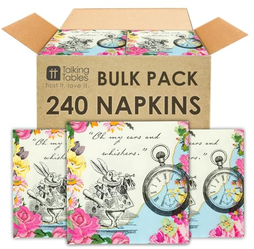 240 x Alice in Wonderland Party Napkins Disposable Paper Serviettes for Tea Party Table Decorations for Onederland Baby Shower, Kids Birthday, Mad Hatter & Alice Decor– Vintage Themed Party Supplies