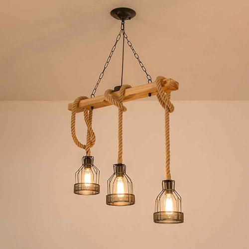 BLOOHK Lampadario con travi in ​​legno stile fattoria, lampadario a sospensione rustico industriale in corda di canapa a 3 luci con catena regolabile per cucina, sala da pranzo, soggiorno, bar, attacc