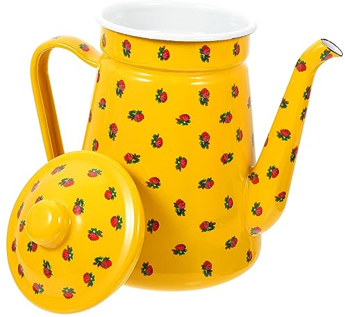 GLEAVI Tetera Esmaltada Vintage 1,5 Litros Amarilla Con Estrecho y Mango Antiquemaduras, Hervidor De Agua y Aceite Práctica Para Hogar, Té, Camping y Fiestas De Té