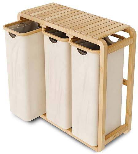 AMBIAVO Wäschekorb 3 Fächer beige · Wäschesammler mit Ablage · Bambus | Warme Holz-Optik, schmal, riesiges Volumen auf kleiner Fläche, 50 L pro Fach, Wäschesortierer mit waschbaren Baumwollsäcken