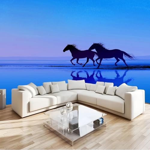 Fotomurales Decorativos Pared Dibujos Animados Animales Caballos Playa, Azul-Púrpura Fotomural Decorativo para el Hogar 200 x 140 cm (An x Al) – Ldeal para Salón Dormitorio Oficina y Pared de TV
