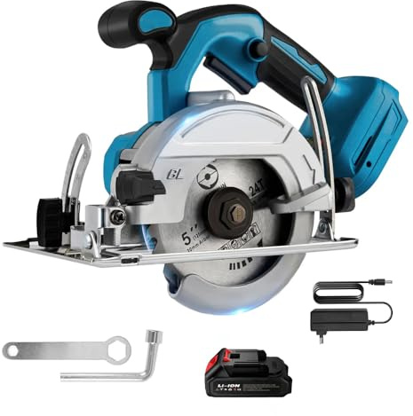 Mini Sierra Circular Inalámbrica De 125mm De 5 Pulgadas, Ajuste De Ángulo 0-45 °, Con Batería, 1000W Corte Efectivo De Azulejos De Piedra De Madera, Sierra Circular Eléctrica Ligera (Azul)