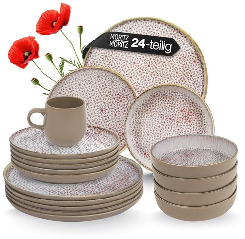 Moritz & Moritz ALHAMBRA Geschirrset 6 Personen 24-tlg. aus hochwertigem Porzellan - Modernes Tafelservice in Mousse - Geschirr Set aus je 6x Speiseteller, Dessertteller, Tassen und Schalen