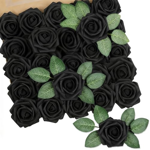 Coztie Künstliche Rosen, 25 Stück Schaumrosen Schwarz | Gefälschte Kunstrose Rose Künstliche, Deko Blumen Fake Rosen, für DIY Hochzeit Blumensträuße Braut Zuhause Dekoration