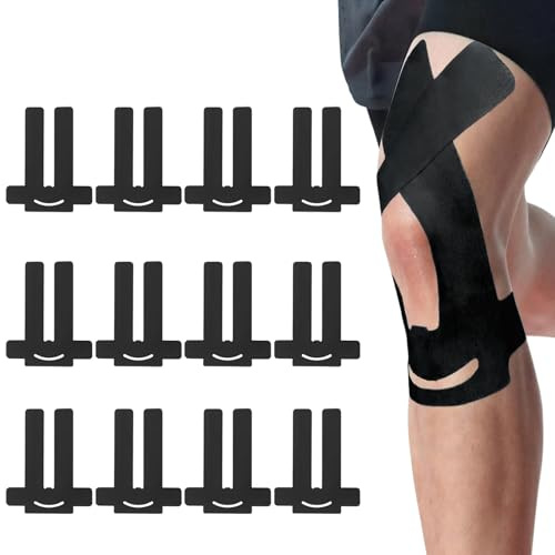 12 förpackning Kinesiologitejp, Förklippta Knäbandage, Andas och Vattentät, Låg allergi och elasticitet, Smärtlindring och Muskelstöd, Perfekt för Idrott, Fitness, Dans (Svart)