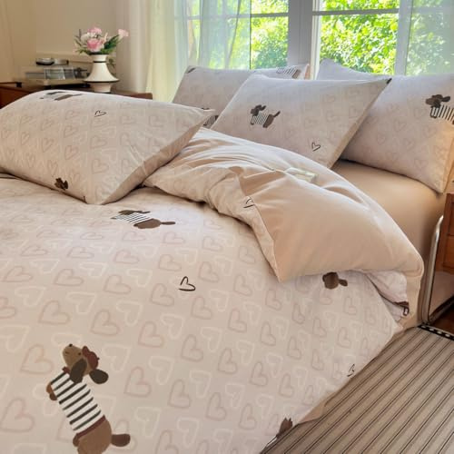Sedefen Housse de Couette 240x260cm Chien Teckel Rose Blanc Coeur Motif Réversible Parure de Lit en Microfibre 2 Personnes Adulte Linge de Lit Avez Fermeture Éclair et 2 Taies d'oreiller 65x65cm