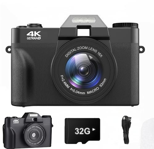 Korons Appareil Photo Numérique- Écran Repliable 3.0 Pouces et Objectif 48MP – Idéal pour Vlogs, Voyages et tournages Quotidiens (Black,32G)