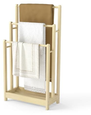 COSTWAY Handtuchständer freistehend, Handtuchhalter Holz mit 3 Handtuchstangen & unterer Ablage & Kippschutz, Trockenständer braun für Badezimmer, Hotels (Natur)