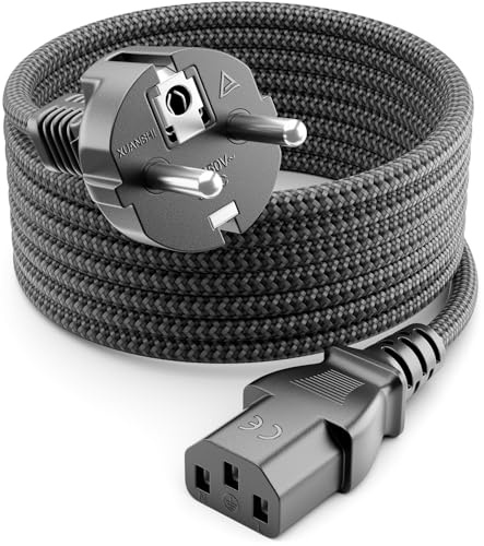 deleyCON 5m Kaltgerätekabel Nylon Typ F auf C13 3-polig - Grau | Netzkabel Stromkabel Kaltgeräte Strom Kabel, Schutzkontakt Stecker Typ F auf C13 Buchse, für PC, Monitor, Drucker