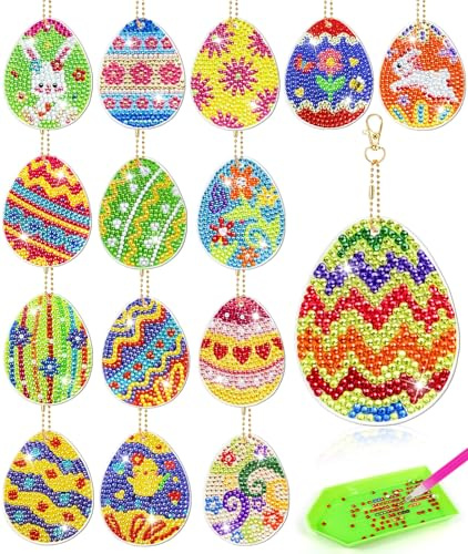 Diamond Painting Ostern, 15 Stück Osterbasteln Doppelseitig Ostern Basteln | DIY Diamond Painting Schlüsselanhänger Anhänger, Osterndeko Frühling Osterei Bastelset