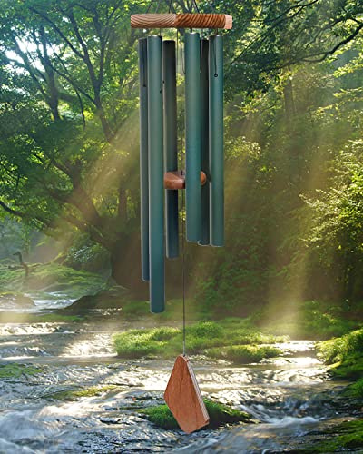 Große Outdoor-Windspiele mit tiefem Klang, Sympathie-Windspiel für draußen, Gedenk-Windspiel mit 6 gestimmten Röhren, Elegantes Windspiel für Garten, Terrasse, Balkon und Wohnkultur, mattgrün | 111,8 cm grünes Windspiel, tiefer Ton, Aluminiumrohre, aus FSC-zertifiziertem Holz, Gartenterrassen-Dekoration, Geschenk