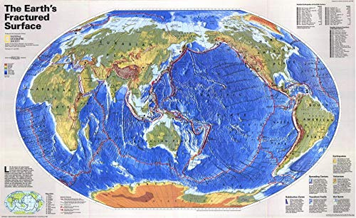 National Geographic: Earths Fractured Surface - World Tectonic Plates Wall Map - Pacific Centered - 36.25 x 22.25 inches - Art Quality Print