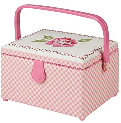 Sewing Online Medium Sewing Box,Pink Fabric with an Embroidered Floral Lid | 26 x 18 x 15cm | Storage & Organiser Basket with Compartments for Sewing Supplies/Accessories - GA1114M