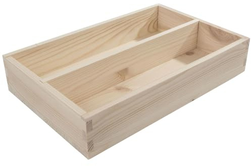 WooDeeDoo Petit range-couverts en bois avec 2 compartiments en pin massif brut - Boîte de rangement pour tiroir de cuisine - Organiseur de table non peint - 26,5 x 17 x 5 cm