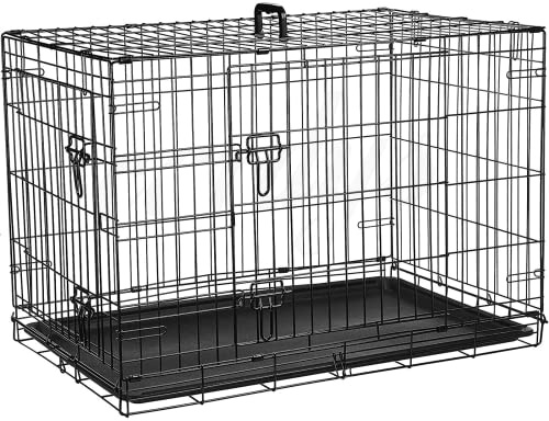Cardys Dog Crate Large | Dog Cage with 2 Doors Dual Access | Easy Clean Removable Plastic Tray | Folding Metal Training Dog Crate | Large Size 36 inch - Sliding Locks & Carry Handle - Ideal for Travel