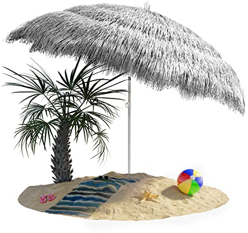 Kingsleeve Sombrilla de Playa Jardín Ø 160cm Protección UV30+ Hawaii Parasol Exterior Inclinable Rafia Hawaiano Gris claro