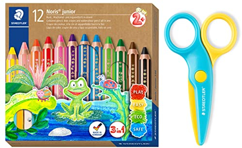STAEDTLER 3in1 Buntstifte und Sicherheitsschere Noris junior, Bunt-, Wachsmal- und Aquarellstift, ideal für Kleinkinder, schneidet nur Papier, 12 Farben, Spitzer und Sicherheitsschere, 140 C12P2X