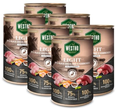 WESTHO Nassfutter Light 6x400 g, 75% Rind & Kaninchen, getreidefrei | Fettreduziert in Lebensmittelqualität – für ältere und zu Übergewicht neigende Hunde