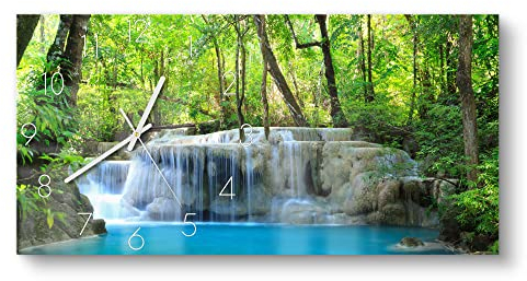 DEQORI Glasuhr | vertikal 60x30 cm | Motiv Exotischer Wasserfall | große XXL Design Uhr aus Glas | leise Wanduhr für Wohnzimmer & Küche | Moderne Hingucker Uhr für die Wand