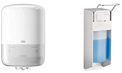 Tork 559000 Innenabrollungsspender für M2 Papierwischtücher Weiß & Relaxdays Eurospender 500 ml, Seifenspender Wandmontage, Desinfektionsmittelspender, Bügel-Mechanik, weiß, 1 Stück