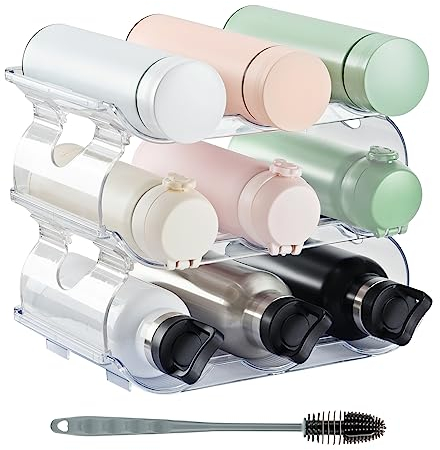 Jarkyfine Stapelbarer Flaschenhalter mit Flaschenbürste Stapelbar Flaschenregal für Kühlschrank, Schrank, Vorratskammer Flaschen Organizer Küche Wasserflaschenhalter für Küchenarbeitsplatte 3er-Pack