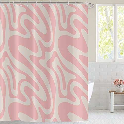 Hnmdmyi Duschvorhang Rosa 180x200, Abstrakt Retro 70er Jahre Duschvorhänge Modern Ästhetisch Wellig Wirbel Minimalistisch Mädchen Badewanne Vorhang Wasserdicht Polyester Stoff Waschbar Badevorhang