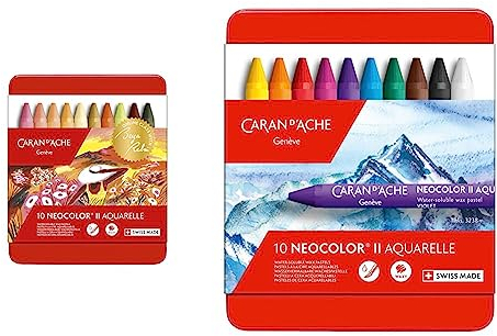 Caran d’Ache 10er Set Buntstifte Pastelle Neocolor II Warme Töne & Caran d’Ache 7500.31 d'ACHE - NEOCOLOR II(2) Aquarelle Wachspastelle in Metallbox - 10 Stück