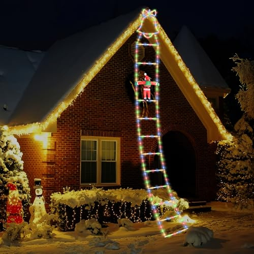 Suewidfay Papá Noel escalada exterior, 3,3 m, iluminación navideña exterior, 7 modos de iluminación ajustables, luces de escalera de Papá Noel, protección contra la nieve, decoración de Navidad para