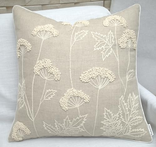 Rudransha Hand Embroidered Wildflower Throw Pillow Cover - 20x20 Inch Natural Linen - Blooming