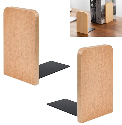 KARBAG Book Ends, 2 Pack Natural Bamboo Bookend Heavy Duty Bookends Walnut Wood Bookends Wooden Book Stopper Bookshelf Ends Decorative Book Ends for Shelves Office Home School Dorm (Square Head)