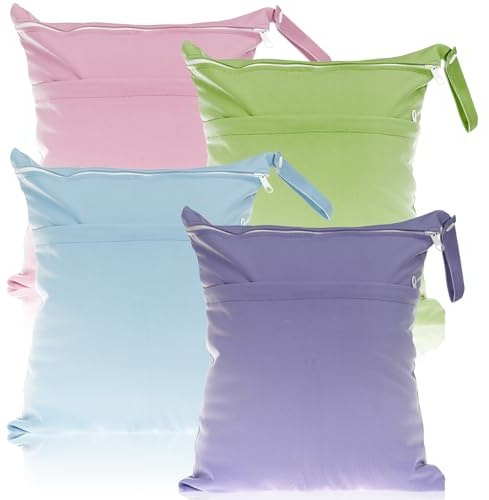 4 sacchetti impermeabili, riutilizzabili per pannolini asilo, grande borsa, chiusura lampo, per bambini viaggi, Sky Blue + Verde Erba, Viola + Rosa