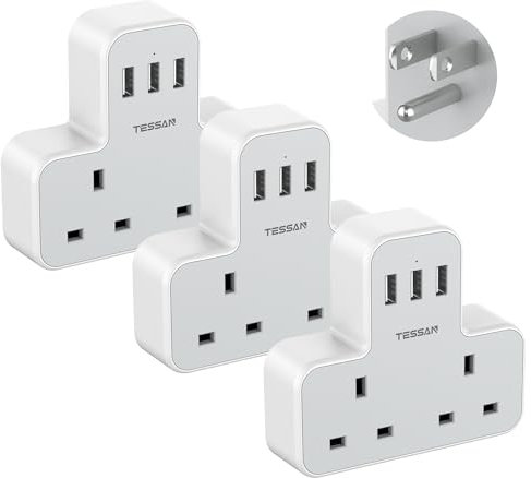 UK to US Plug Adapter with 3 USB Ports, TESSAN 2 Way Grounded USA Travel Adapter, Double Plug Adaptor from UK to America, Canada, Thailand, Mexico, Canada, Thailand, Cuba(Type B), 3 Pack