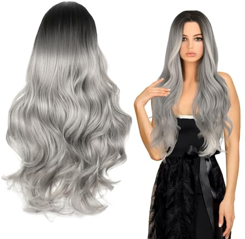 Perücke Grau Damen, 70 cm Ombre Silber Grau Lang Lockig, Perücke Damen, Natürlich Synthetische Haar Perücken Für Frauen, Graue Perücke Damen Wig für Karneval AlltagKostümparty Cosplay
