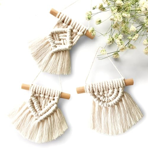 Wisafory 3 Stück Makramee Anhänger Boho Deko, Baumwoll Wandbehang Mini | Handgewebte Baumwollschnur, Quasten Design, kleine Wanddekoration, Tür, Fenster, Auto, Schlafzimmer, Geschenkidee
