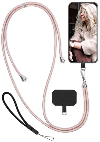 moex Unleash für Samsung Galaxy S24 Ultra Handyband zum Umhängen ohne Hülle, Handykette Universal mit Karabiner, Handy Band abnehmbar, Kette mit Pad für Handyhülle, Rosa, Silber