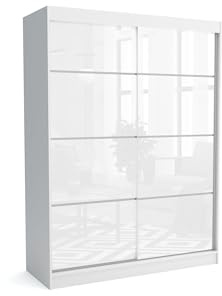 Brent - Kleiderschrank Schiebetüren July, 160cm Breit, Schlafzimmerschrank mit 1 Kleiderstange und Einlegeböden für Kleidung, Kleiderschrank Weiß Matt/Weiß Hochglanz